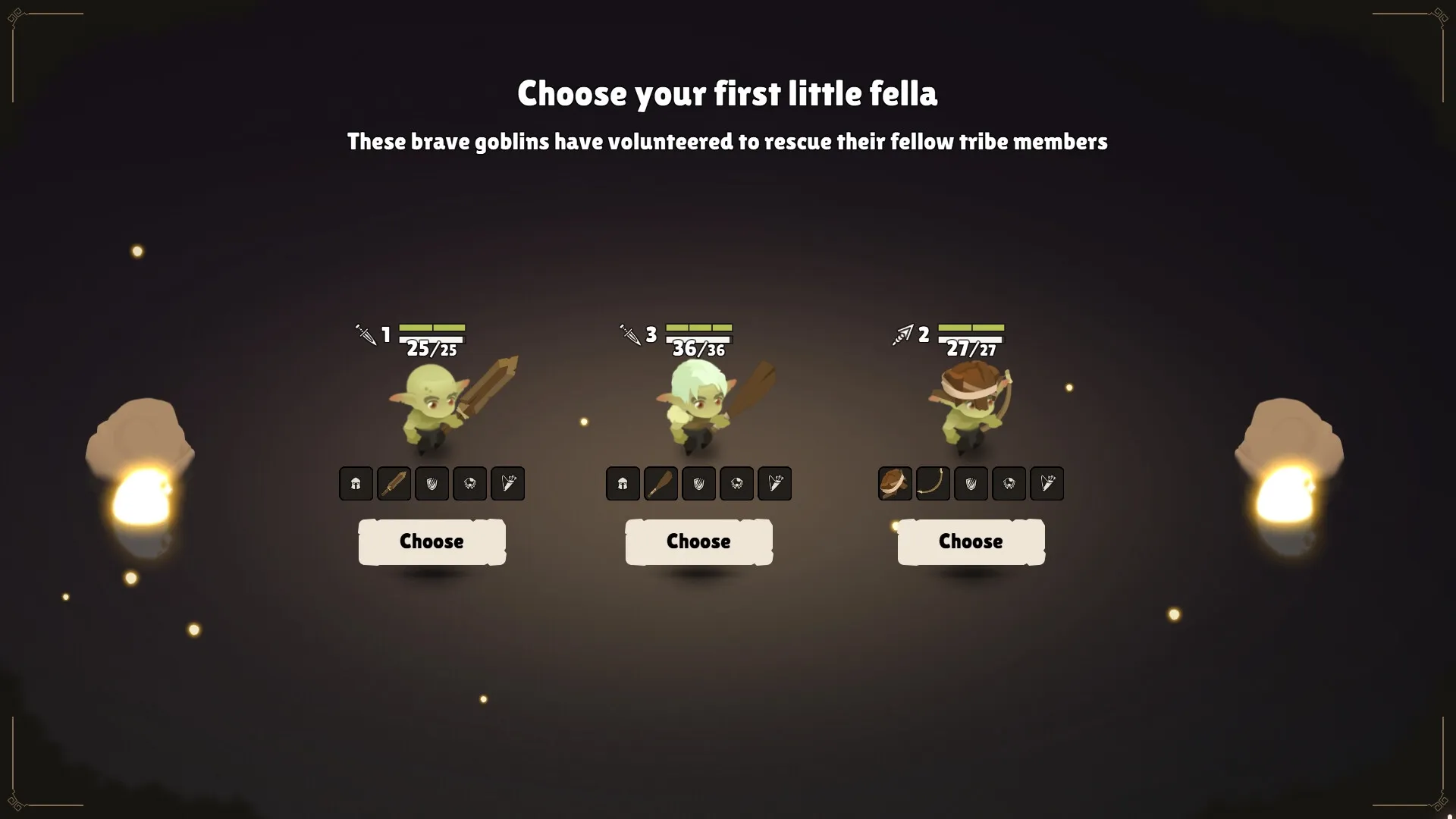 Gobocore: Choose your first goblin hero from three options in a dark, mystical selection screen.