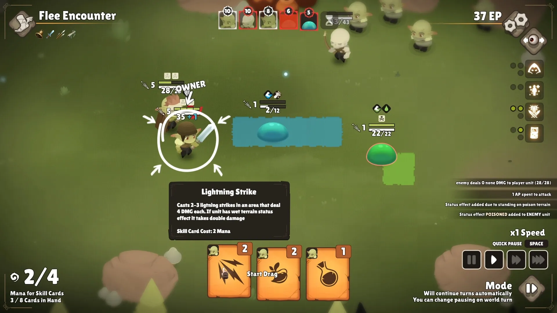 Gobocore: Goblin character uses Lightning Strike skill against slime enemies on grassy battlefield.