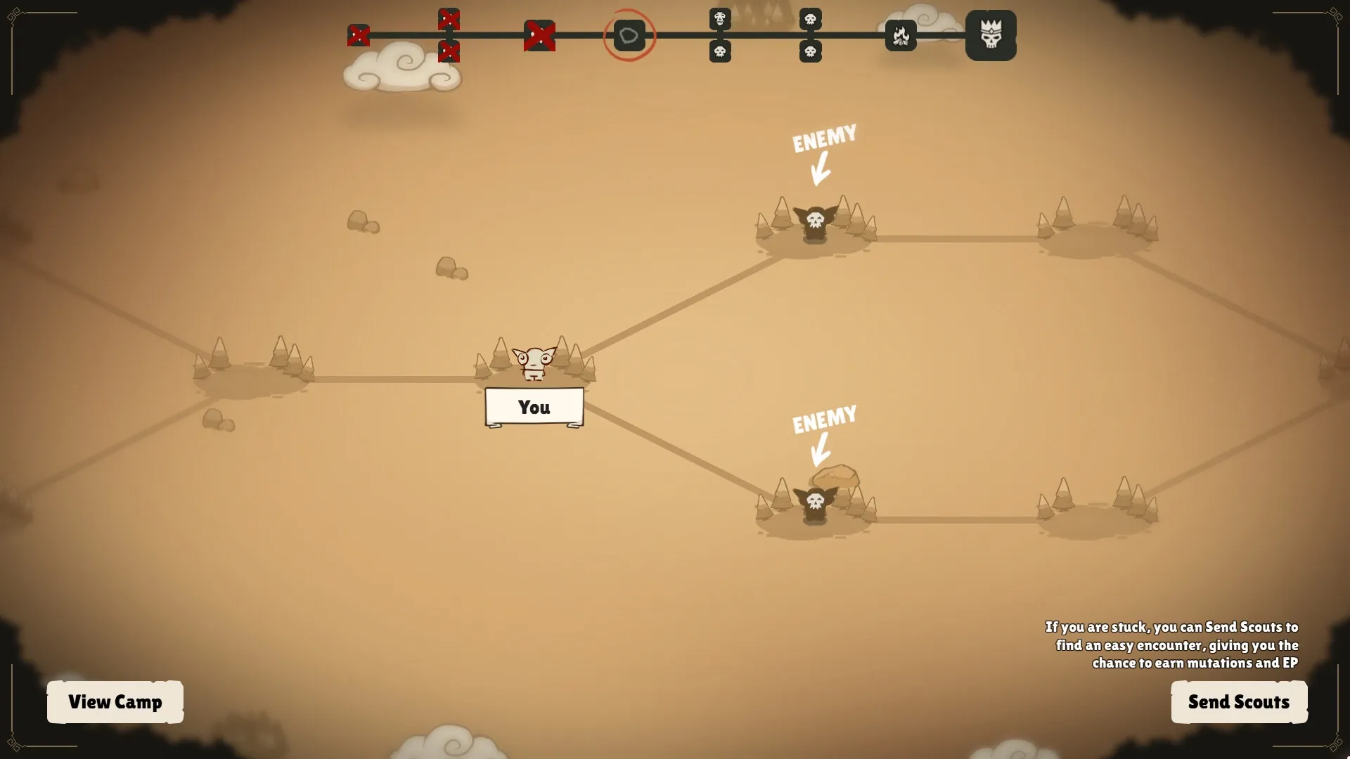 Gobocore: Map with player and enemy nodes, "View Camp" and "Send Scouts" buttons in desert setting