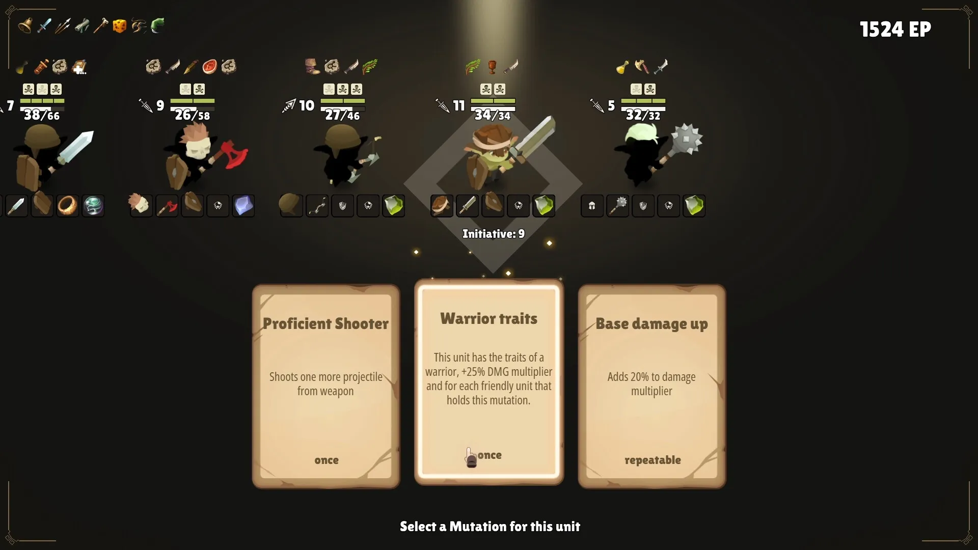 Gobocore: Goblin squad with weapons and traits selection menu in a dark, strategic interface environment