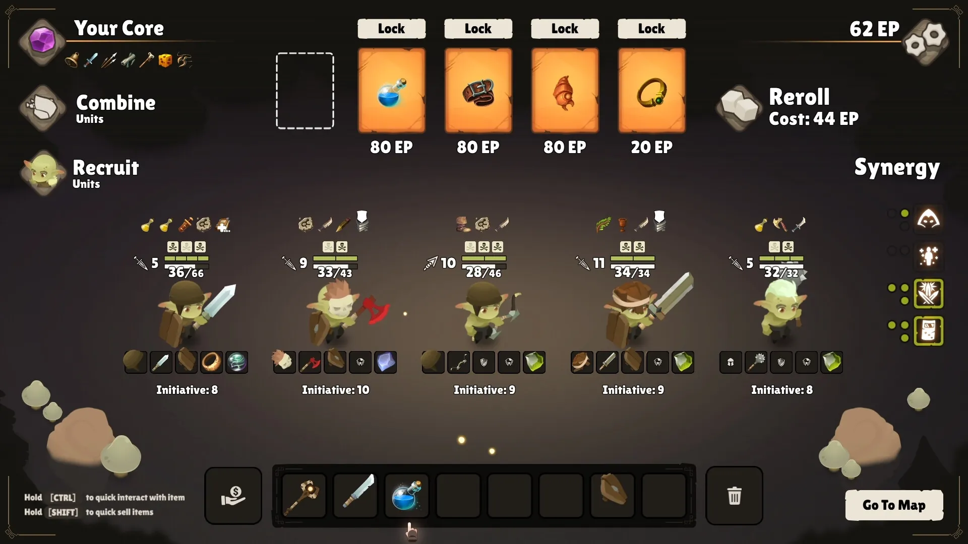 Gobocore: Goblin team management screen with recruit options and item shop displayed in dark setting.