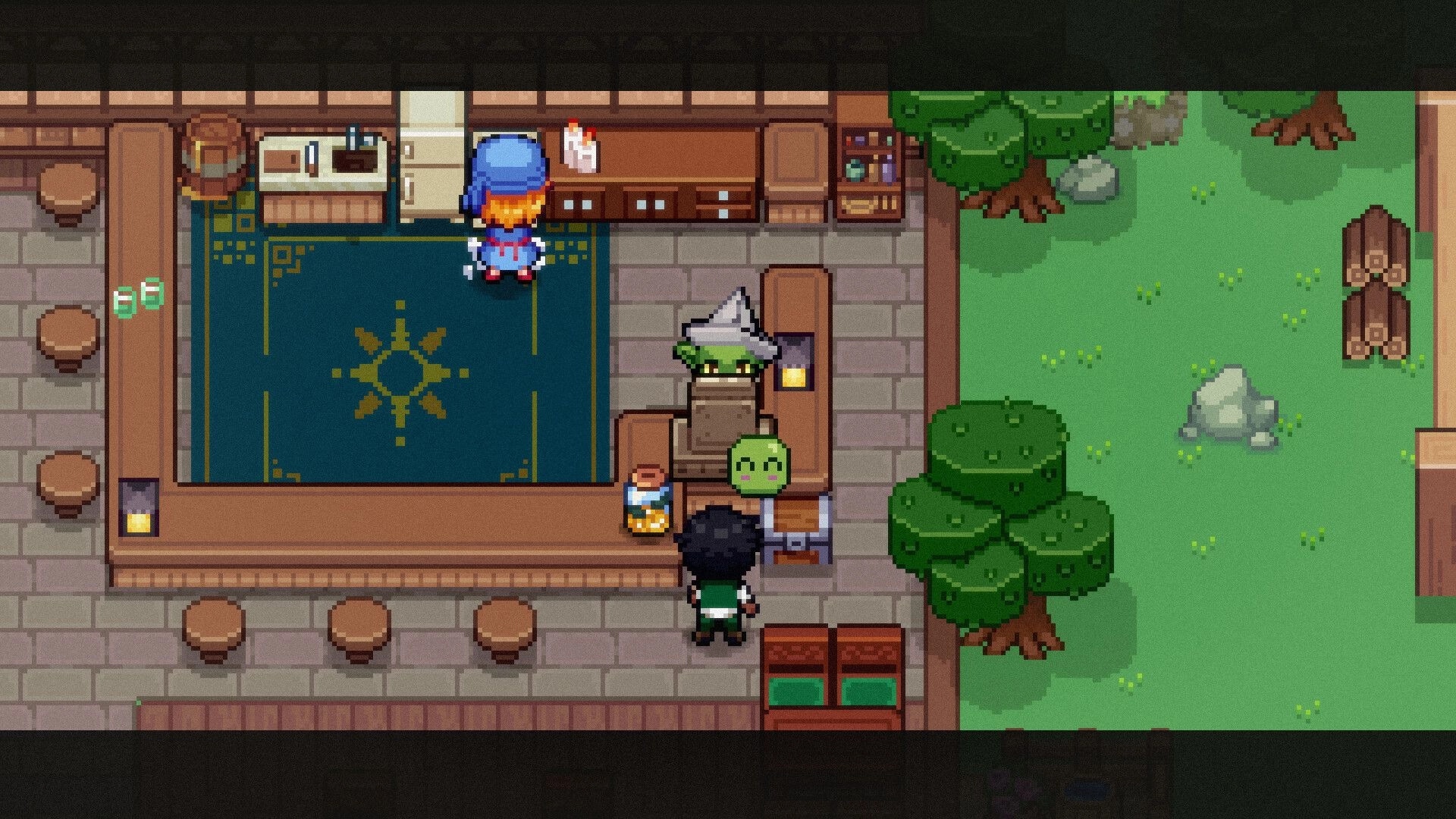 Gobutiko: Goblin merchant negotiating with a customer in a cozy shop surrounded by trees and rustic decor.