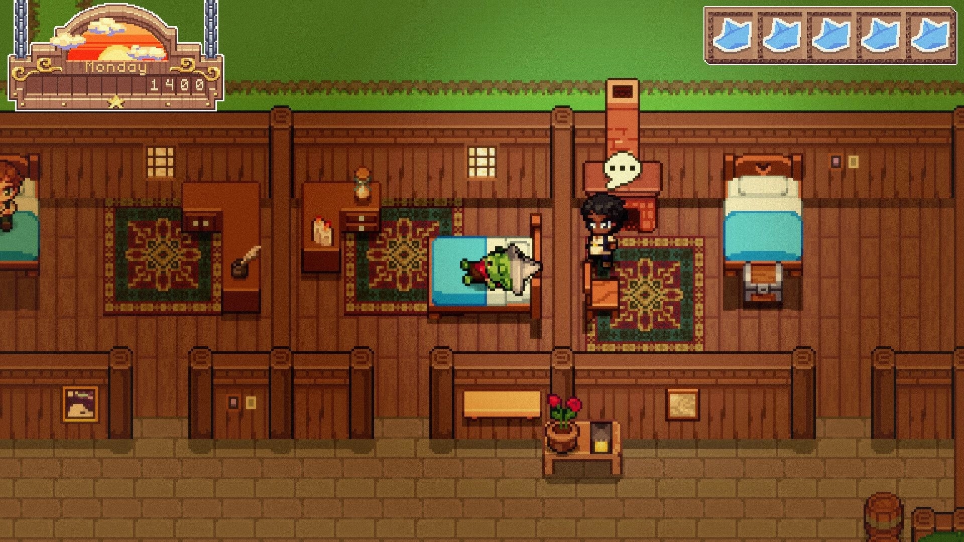 Gobutiko: Goblin merchant resting in a cozy wooden room with dialogue bubble and inventory slots visible