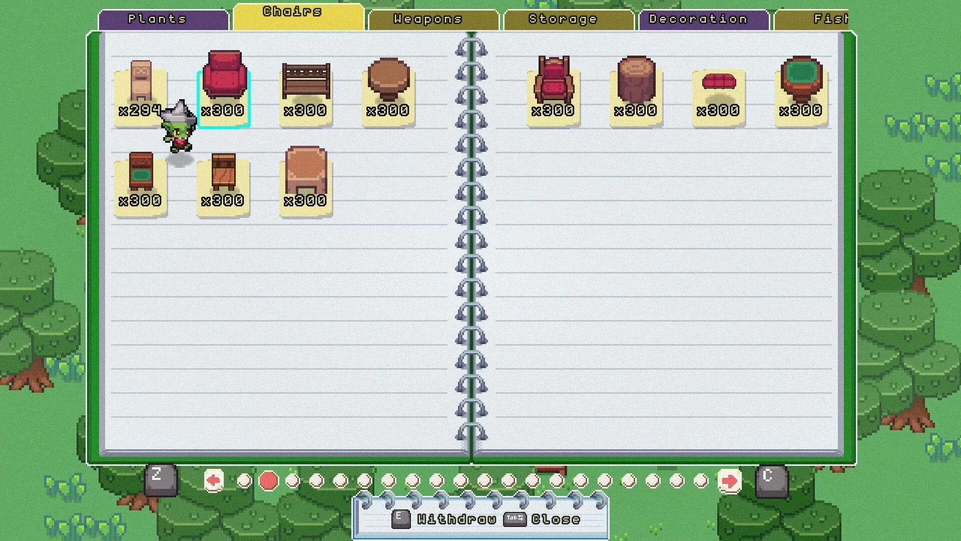 Gobutiko: Inventory book open to chairs tab, showing various items with quantities in a forest setting.