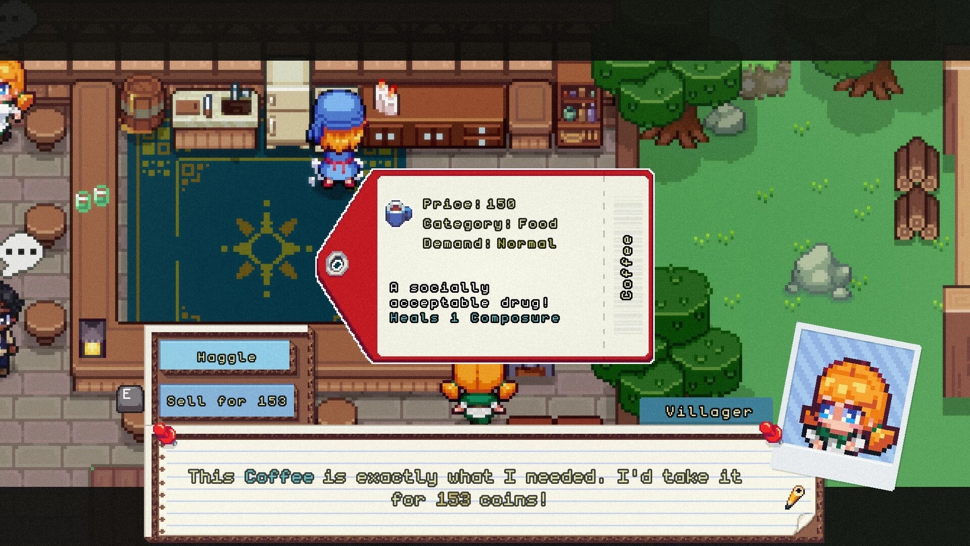 Gobutiko: Villager negotiating coffee price in shop with inventory details and dialogue options visible.