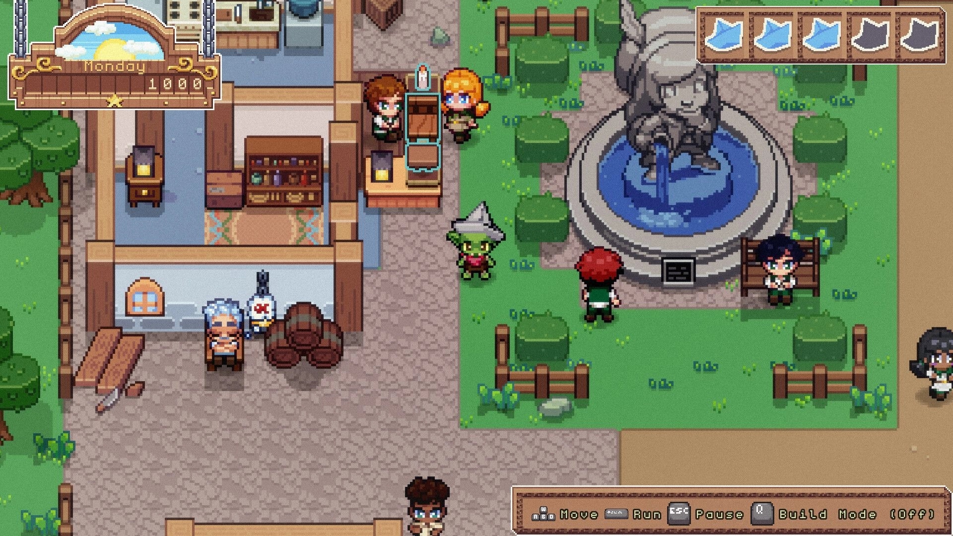 Gobutiko: Goblin merchant in town square near fountain, surrounded by villagers and various UI elements.