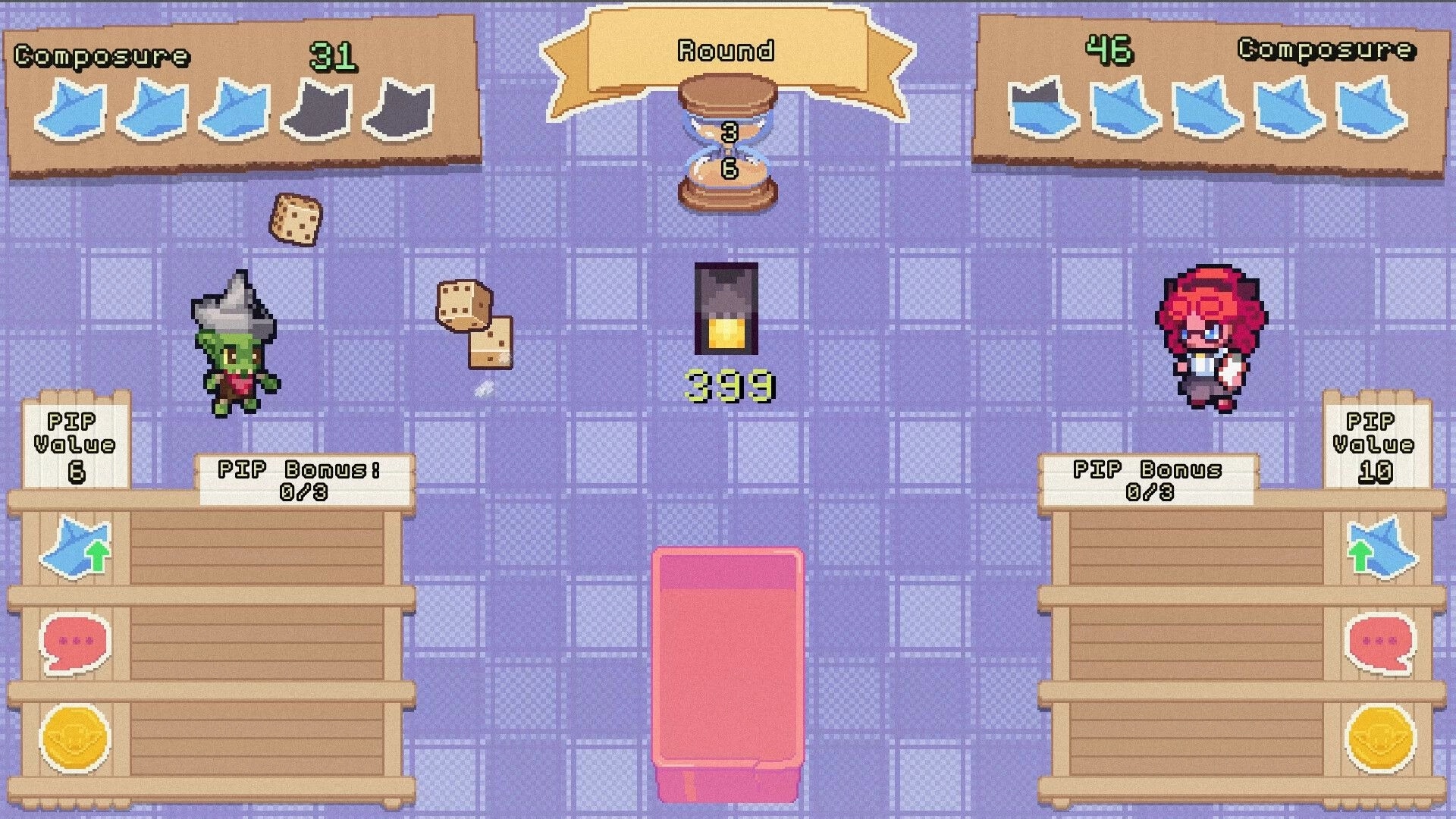 Gobutiko: Goblin merchant negotiates with dice in a purple-tiled market setting with UI panels.
