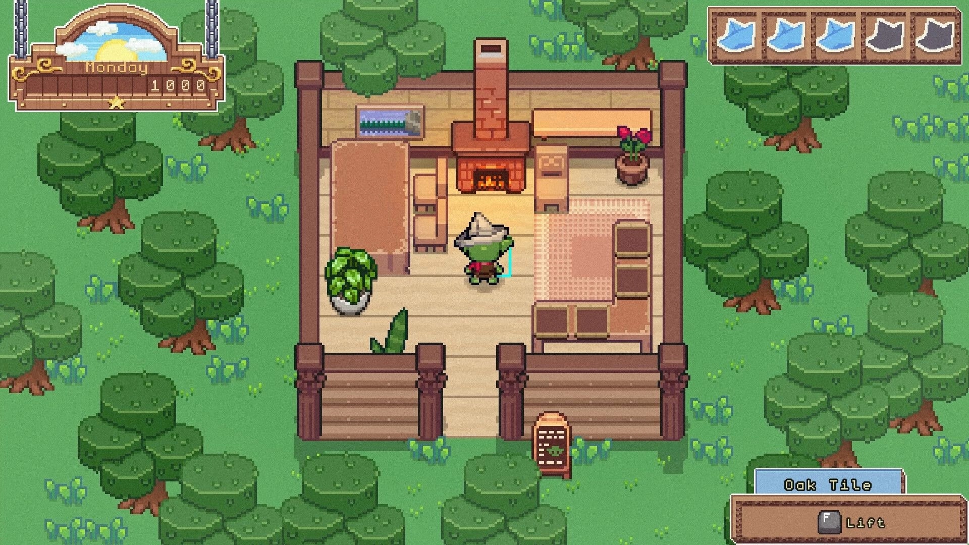 Gobutiko: Goblin merchant in cozy wooden house interior surrounded by lush forest and UI elements