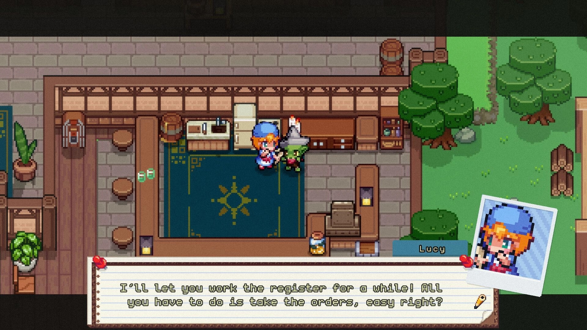 Gobutiko: Lucy instructs goblin on store duties inside cozy shop with wooden counters and green trees.