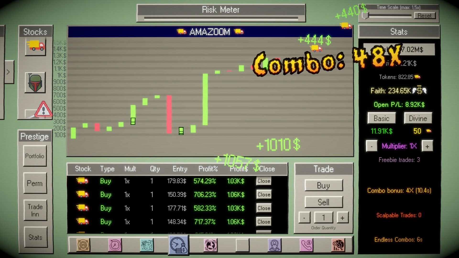 God of Stocks: Risk Meter stock chart with combo 48X, buy orders list, stats and trade buttons UI.