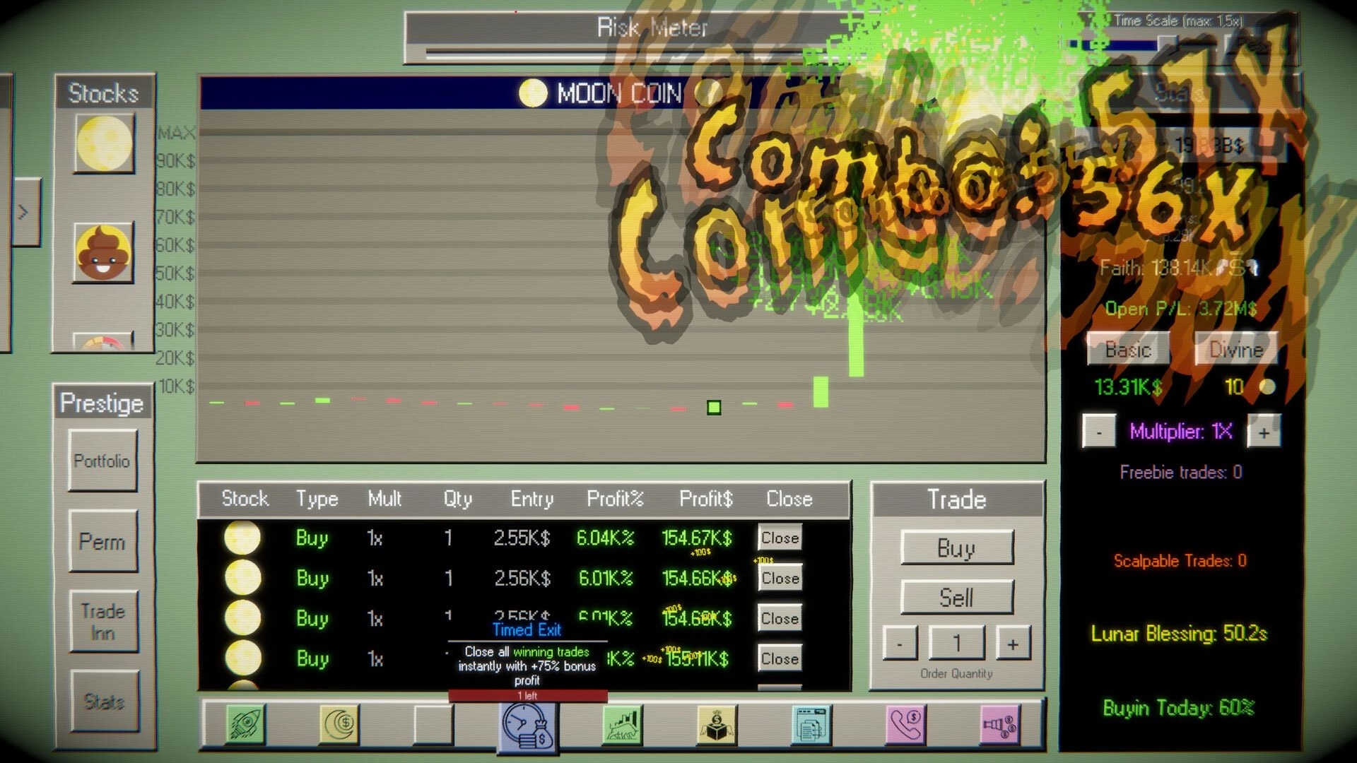 God of Stocks: Combo box overlay on Moon Coin chart with buy orders, profit list, and trade panel UI.