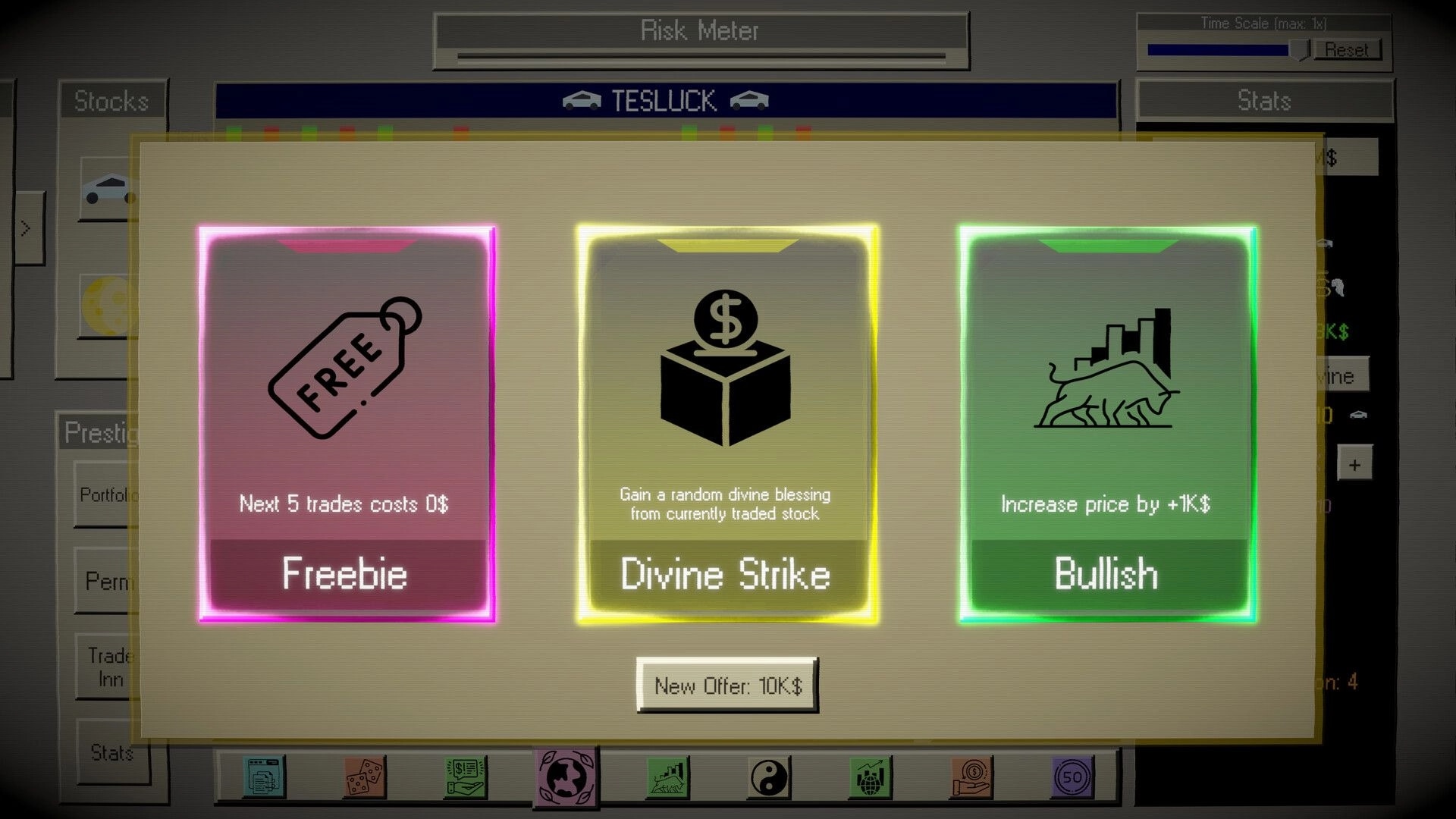 God of Stocks: Offer selection popup with Freebie, Divine Strike, and Bullish cards over stock UI.