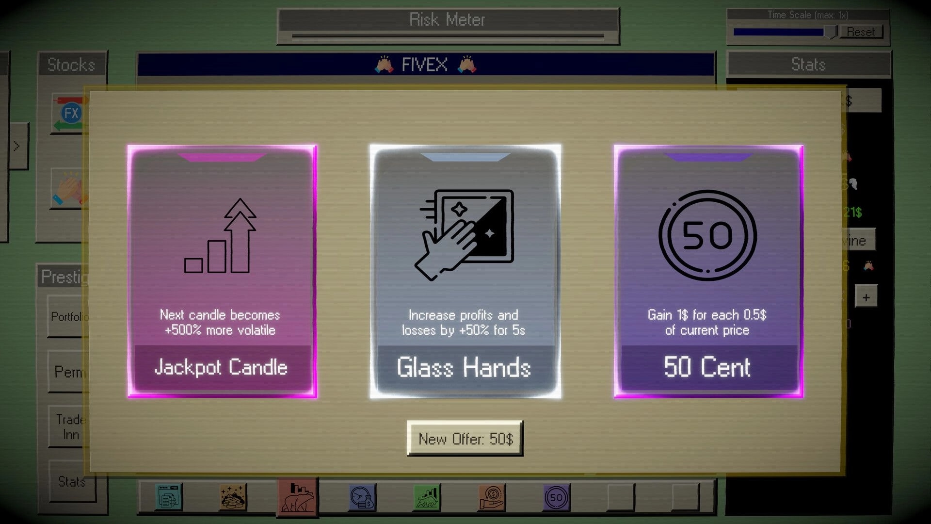 God of Stocks: FIVEX offer menu with Jackpot Candle, Glass Hands, and 50 Cent cards over stats screen.