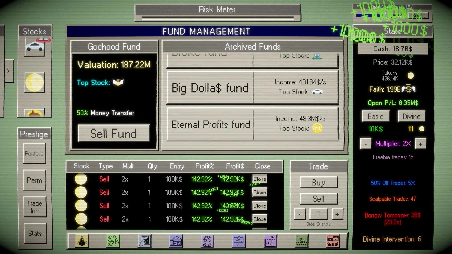 God of Stocks: Fund management screen with Godhood Fund valuation and trade table in market UI.
