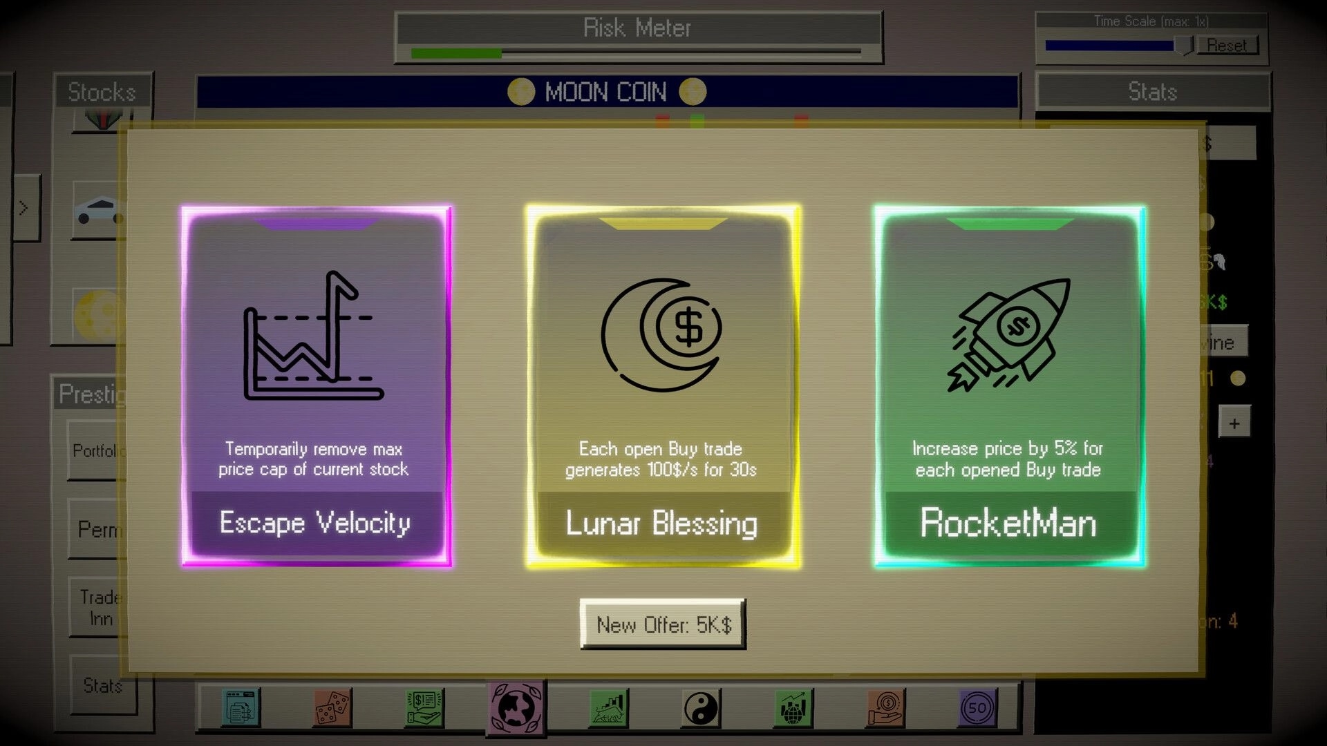 God of Stocks: Moon Coin blessing choice menu with three perk cards over stock dashboard and risk meter UI.