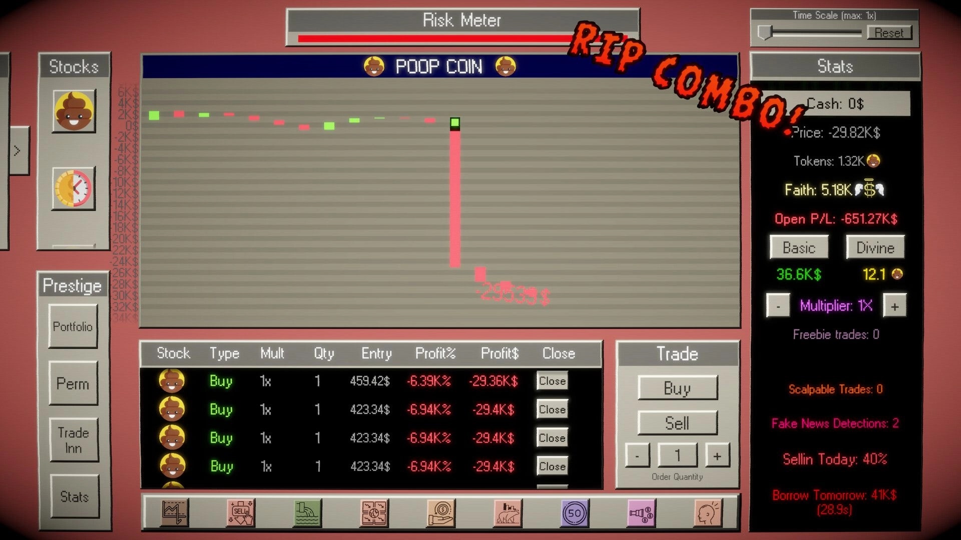 God of Stocks: Risk Meter and POOP COIN price graph with buy orders list and trade buttons UI.