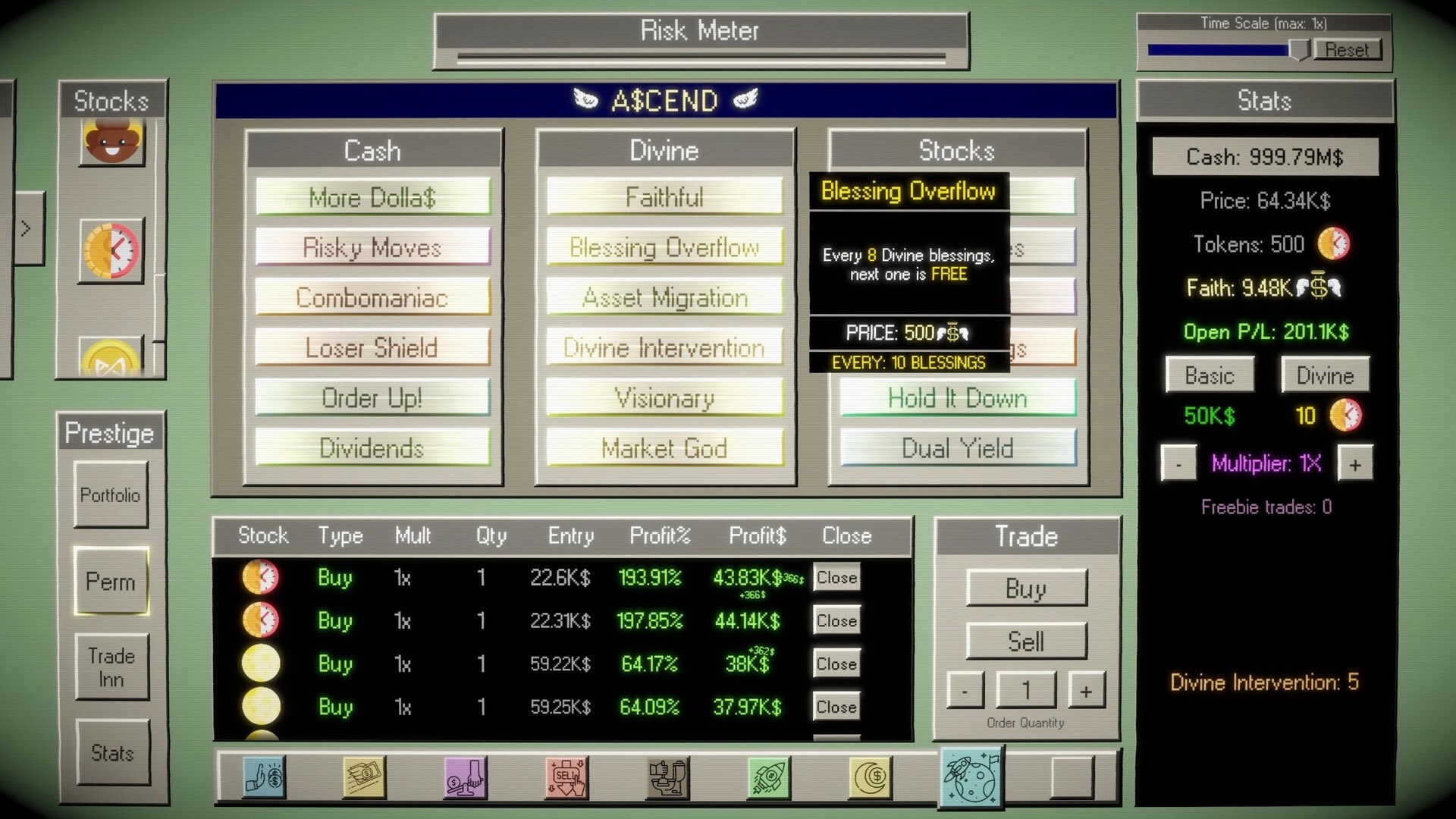 God of Stocks: Ascend risk meter screen with cash/divine/stocks upgrades, stats panel, trade list UI.