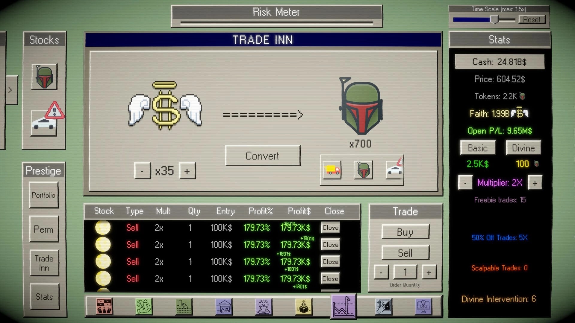 God of Stocks: Trade Inn convert screen swapping winged dollar for 700 helmet tokens, stats and sell list UI.