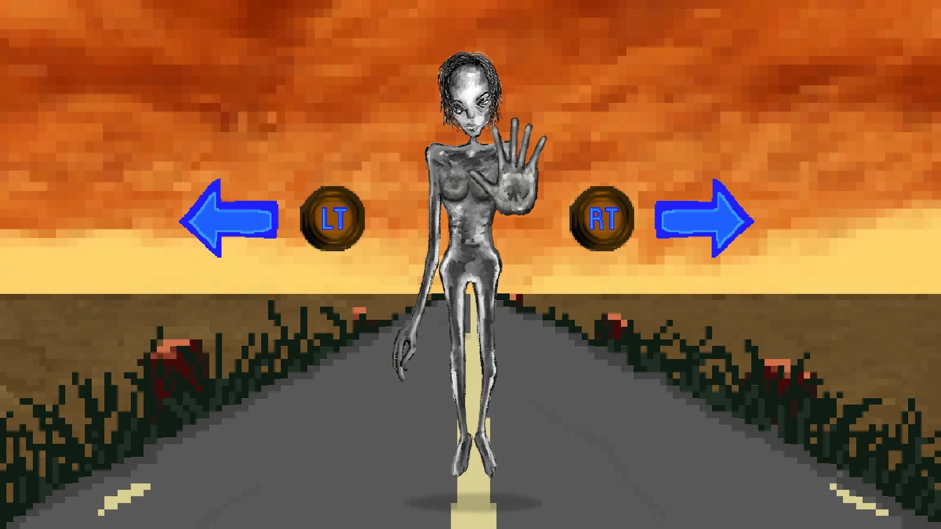 GOD PLEASE HELP ME: Creepy figure on road with directional arrows at sunset, eerie horror atmosphere