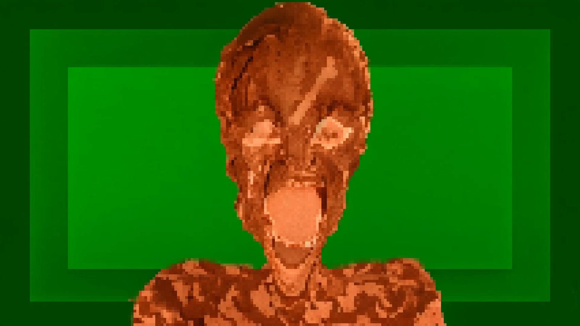 GOD PLEASE HELP ME: Distorted face of a creature emerging from green pixelated background in horror setting