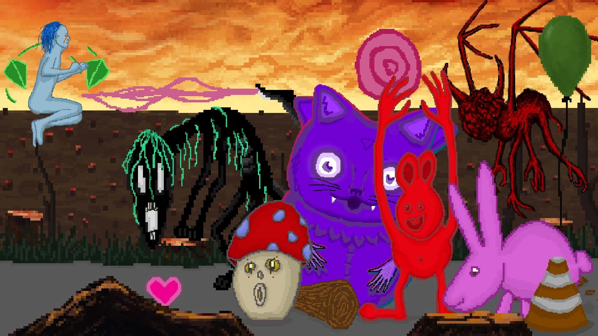 GOD PLEASE HELP ME: Surreal creatures gather in eerie landscape with heart and floating figure in the sky.