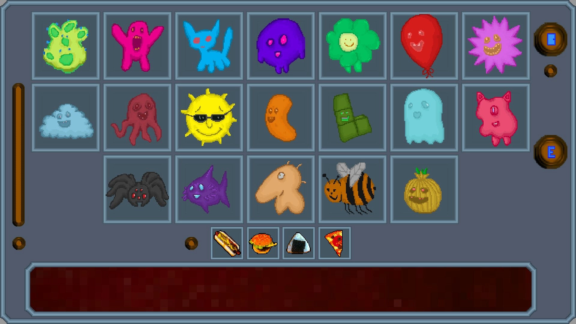 GOD PLEASE HELP ME: Inventory grid with colorful, quirky creatures and food icons in horror roguelike game.