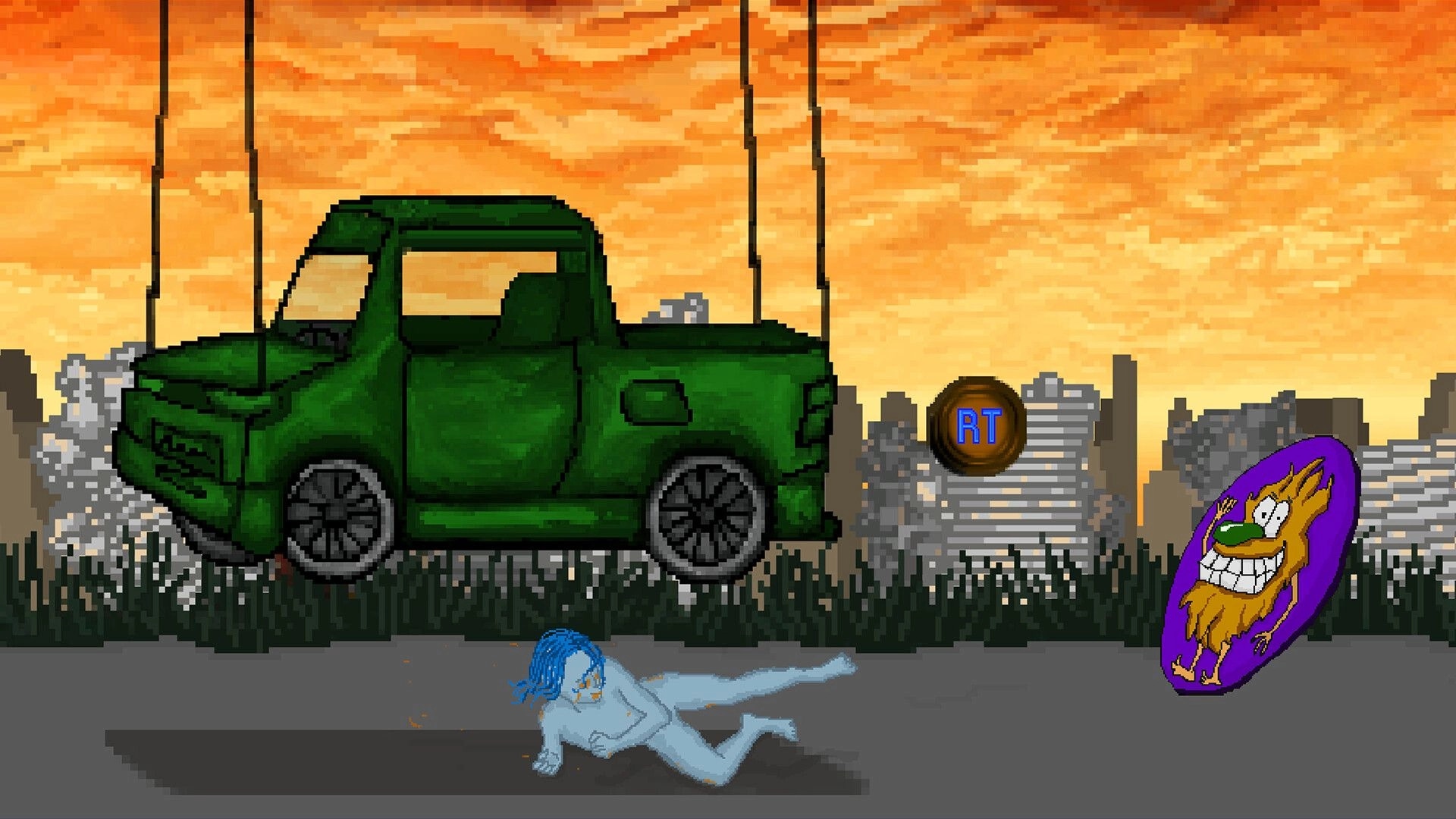 GOD PLEASE HELP ME: Character crawling under levitating truck in apocalyptic cityscape at sunset