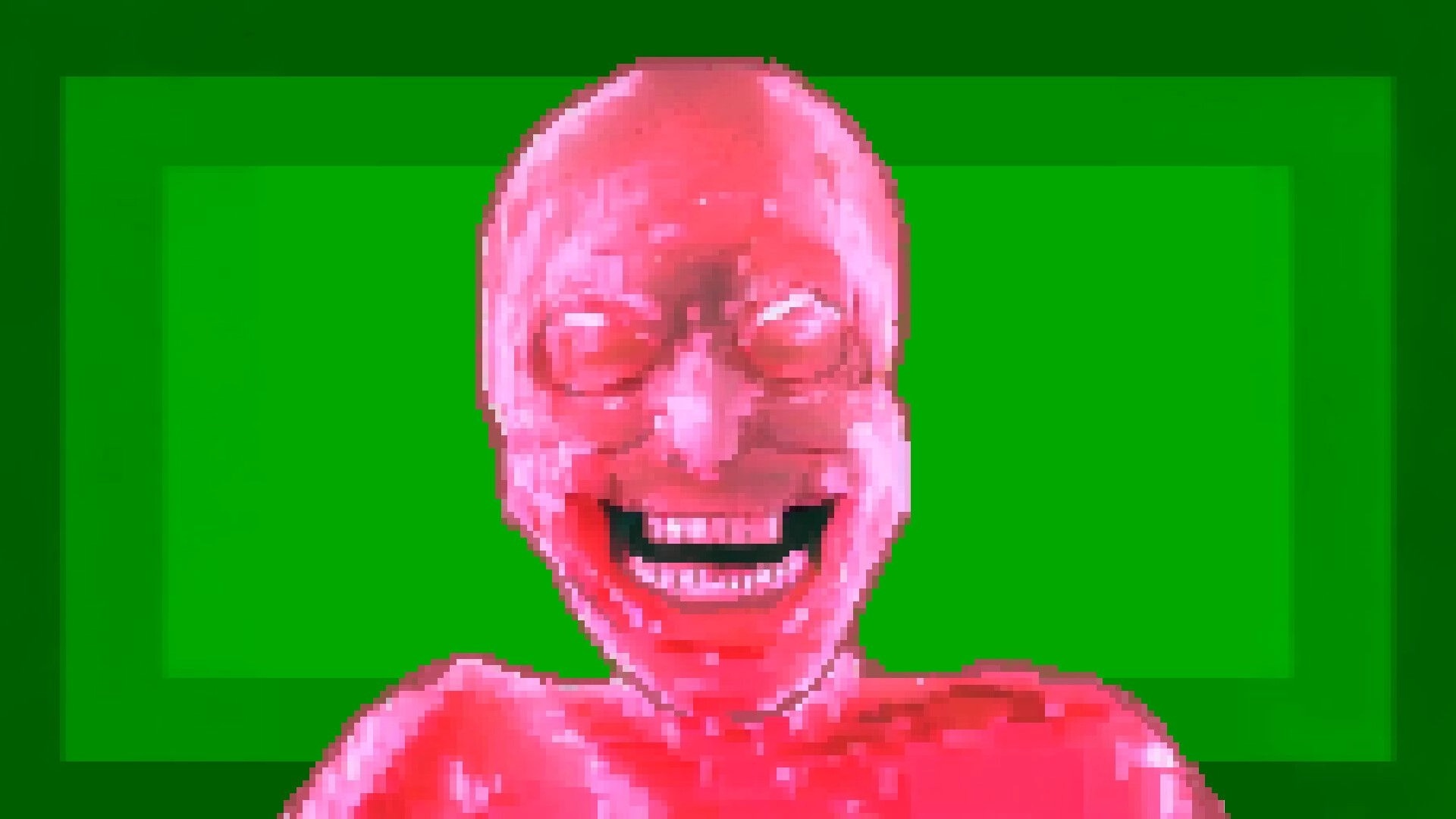 GOD PLEASE HELP ME: Distorted red humanoid face with wide grin against a vivid green background