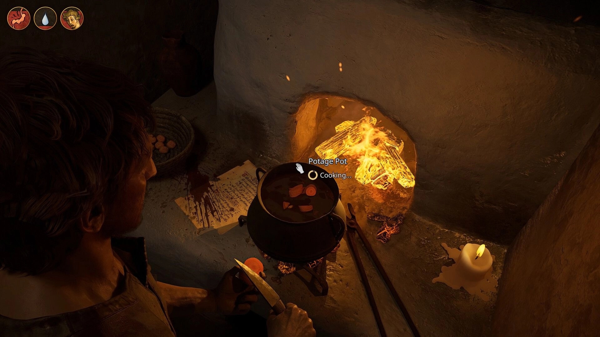 God Save Birmingham: Player cooking stew over fireplace in medieval kitchen with visible UI elements