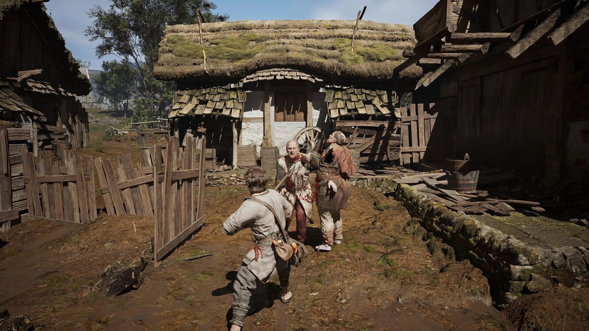 God Save Birmingham: Player faces two zombies in a medieval village courtyard surrounded by houses.