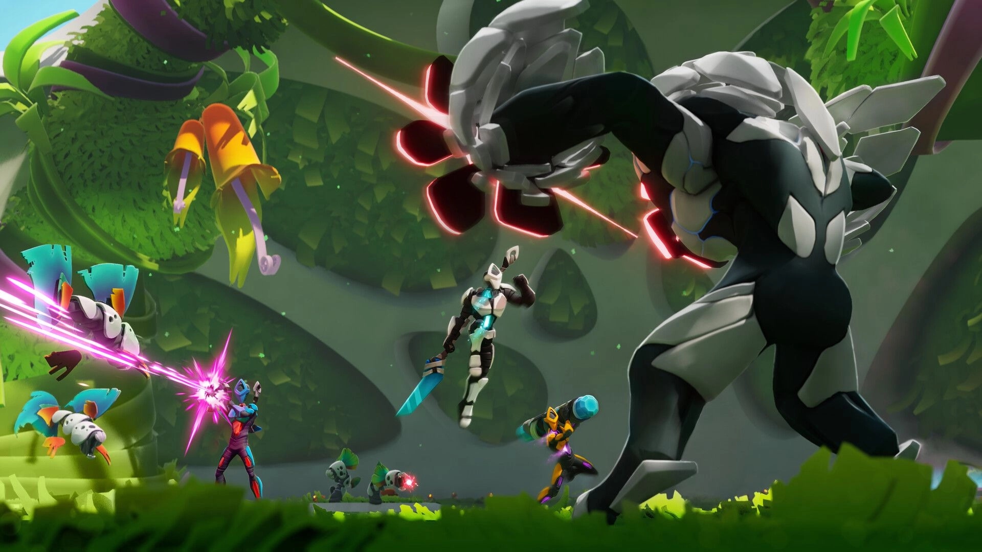 GODBREAKERS: Dynamic battle with four players attacking a giant robot in a lush, vibrant forest setting.