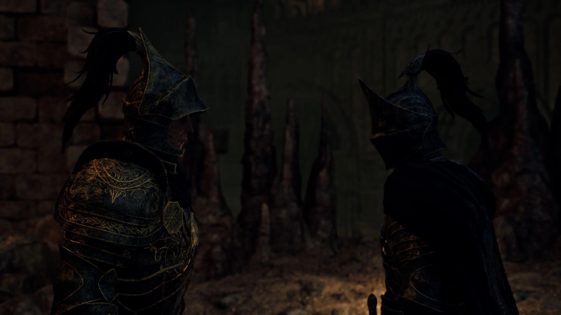 Godless Dawn: Two armored knights face each other in a dim cavern corridor with stalagmites behind.