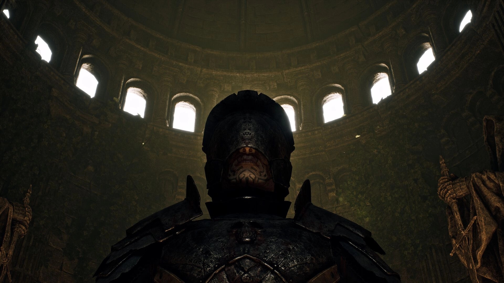 Godless Dawn: Armored warrior close-up under a domed ruin with arched windows and statues lit above.