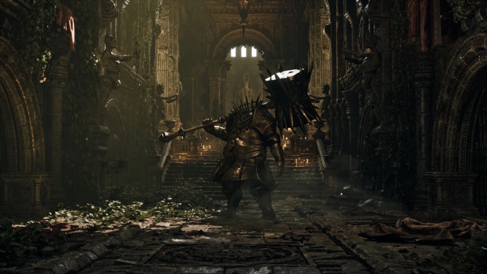 Godless Dawn: Armored warrior with spiked helm and polearm in a ruined cathedral hall with candles.