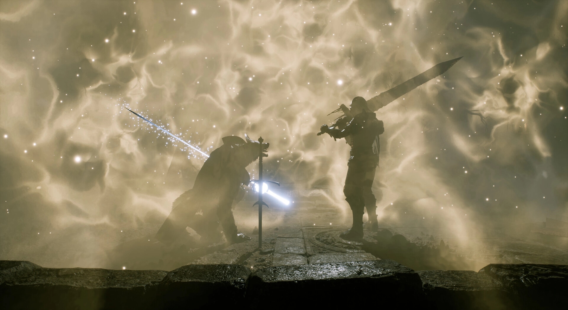 Godless Dawn: Armored warrior faces a kneeling beast by a glowing sword amid swirling golden fog void.
