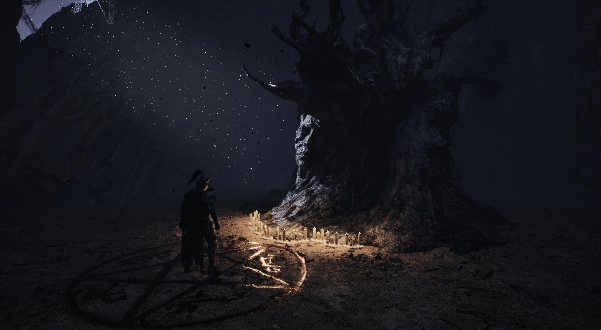 Godless Dawn: Lone cloaked warrior faces a massive twisted tree altar lit by candles in darkness.