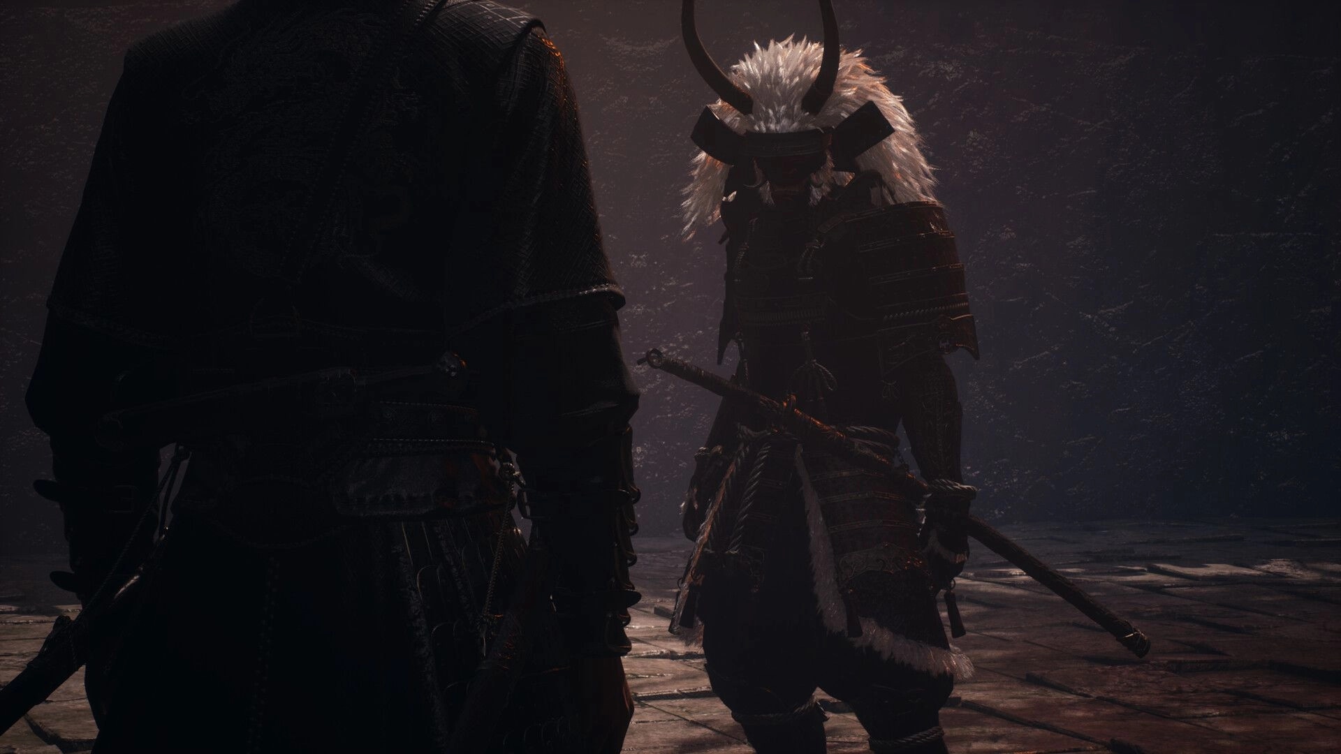 Godless Dawn: Armored warrior faces horned samurai with katana in a dim stone dungeon corridor.
