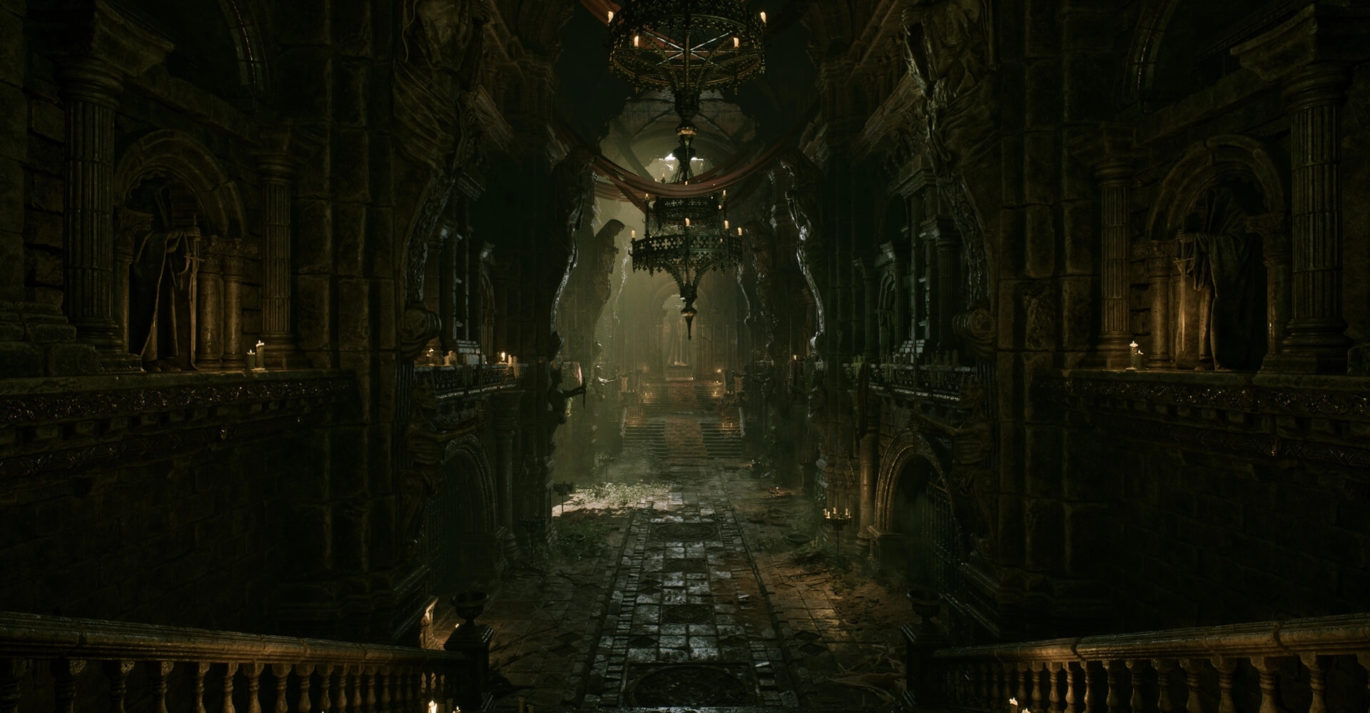 Godless Dawn: Exploring a ruined cathedral hall with hanging chandeliers, candles, and flooded stone floor.