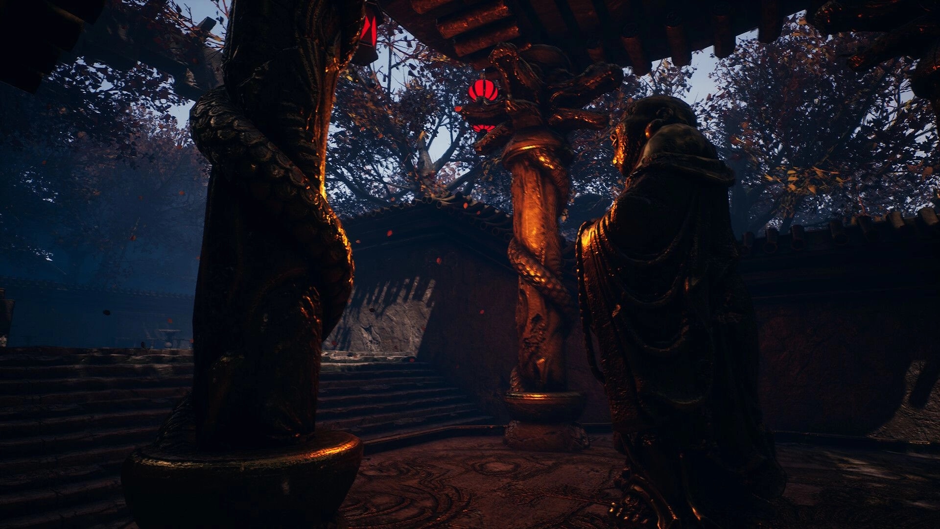 Godless Dawn: Hooded warrior stands by serpent-wrapped pillars in a lantern-lit forest shrine courtyard.