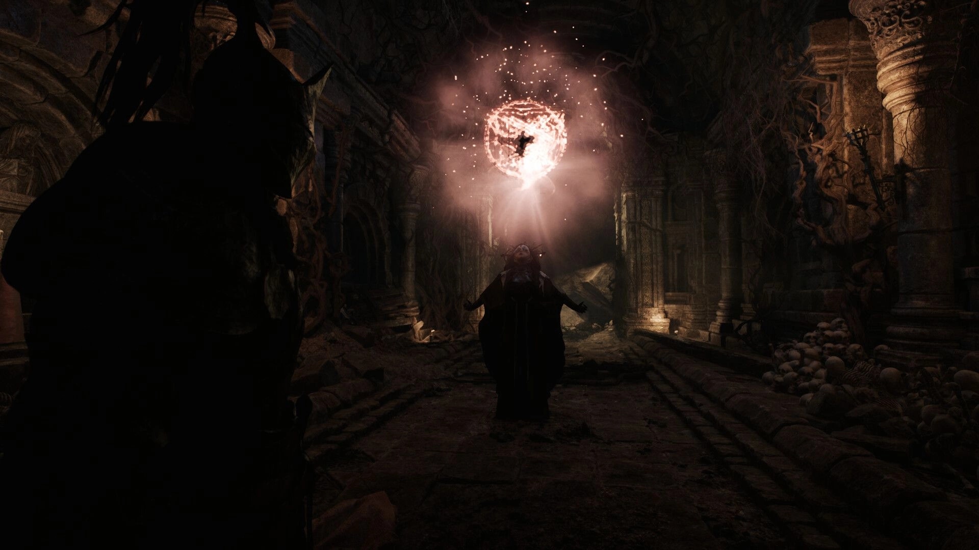 Godless Dawn: Hooded figure raises arms beneath glowing sigil in a ruined stone corridor dungeon.