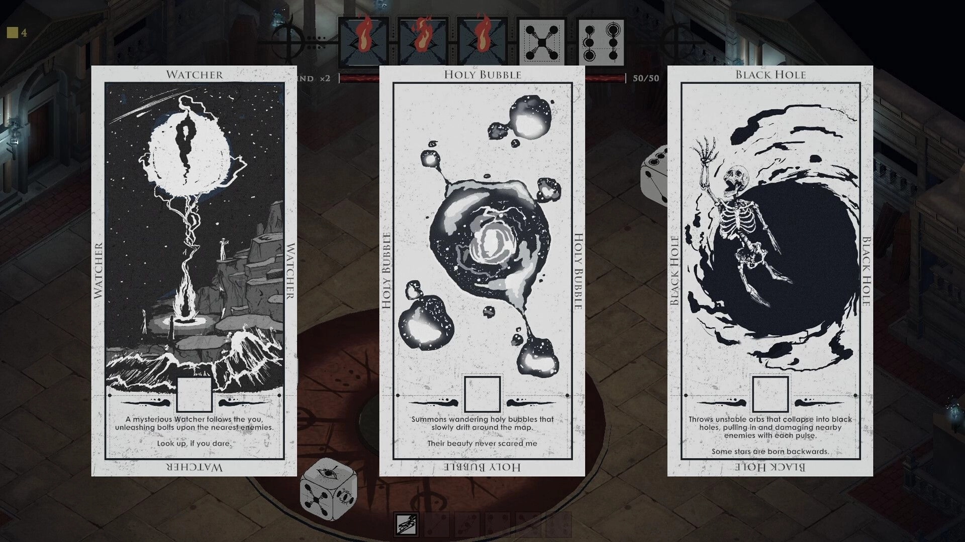 Gods Play Dice: Three power cards Watcher, Holy Bubble, Black Hole over a dungeon UI backdrop.