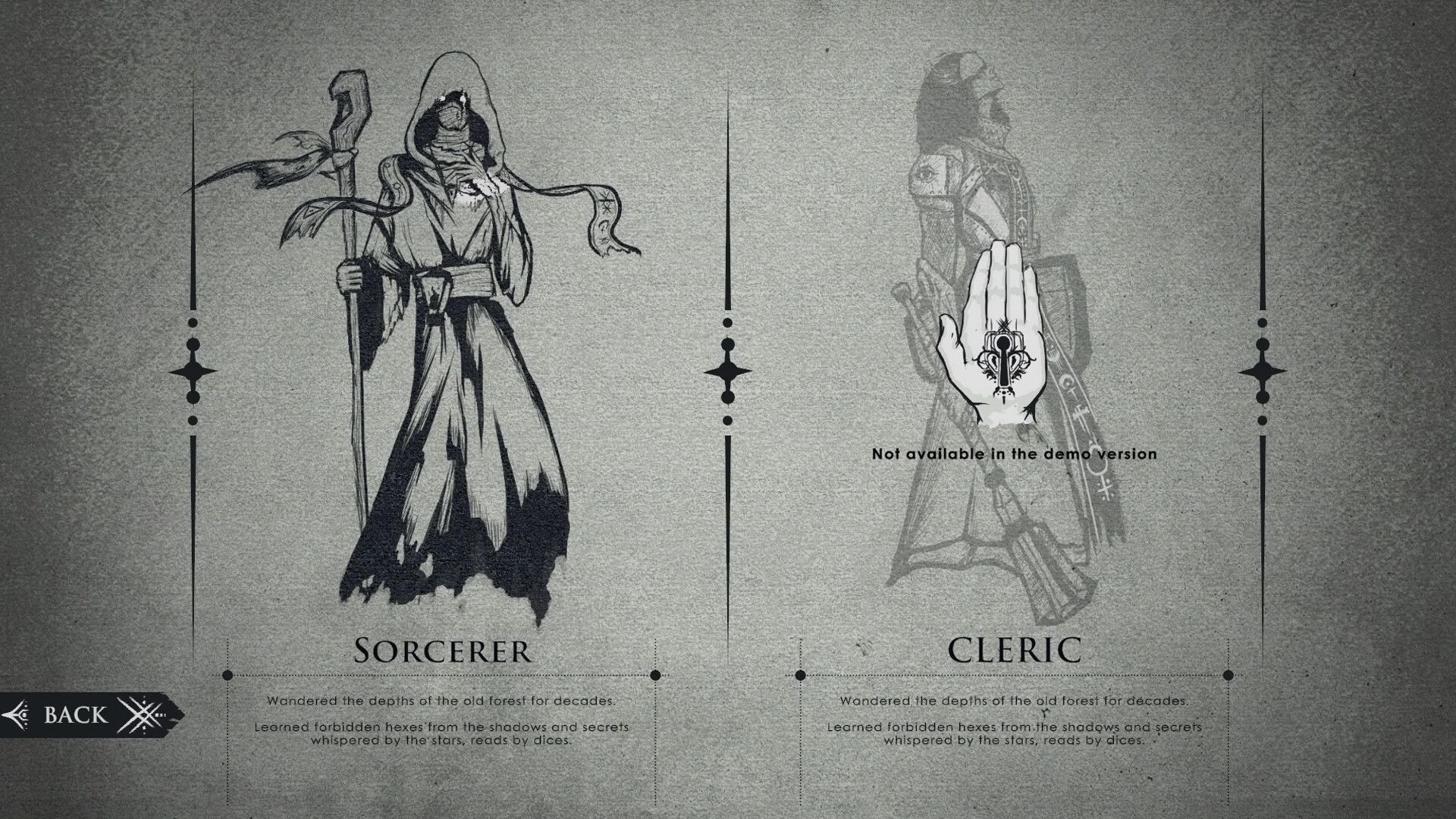 Gods Play Dice: Class selection menu with Sorcerer art and locked Cleric option on parchment UI.