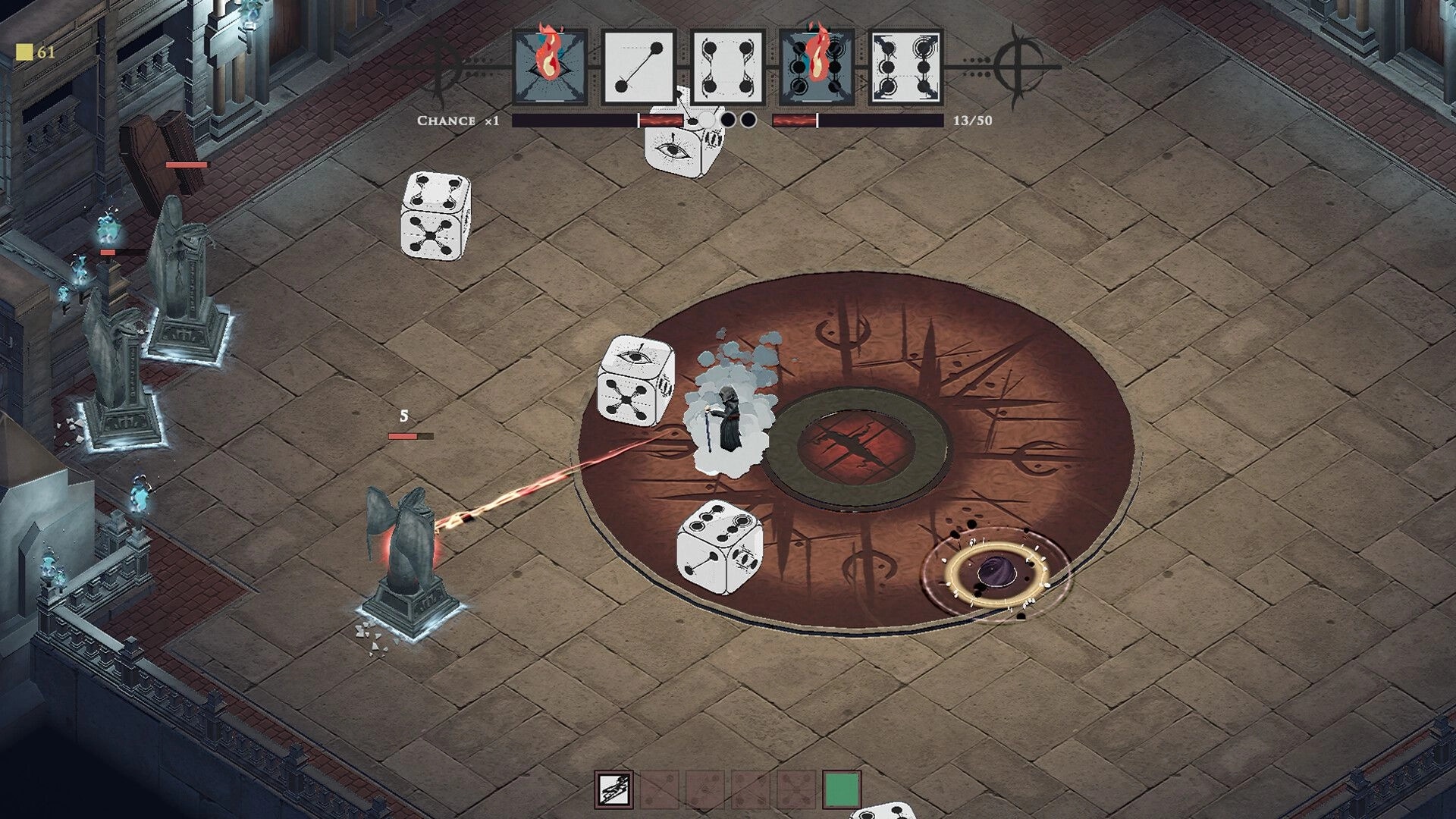 Gods Play Dice: Dice combat with spell cards and health bars on a tiled arena with statues and sigils.