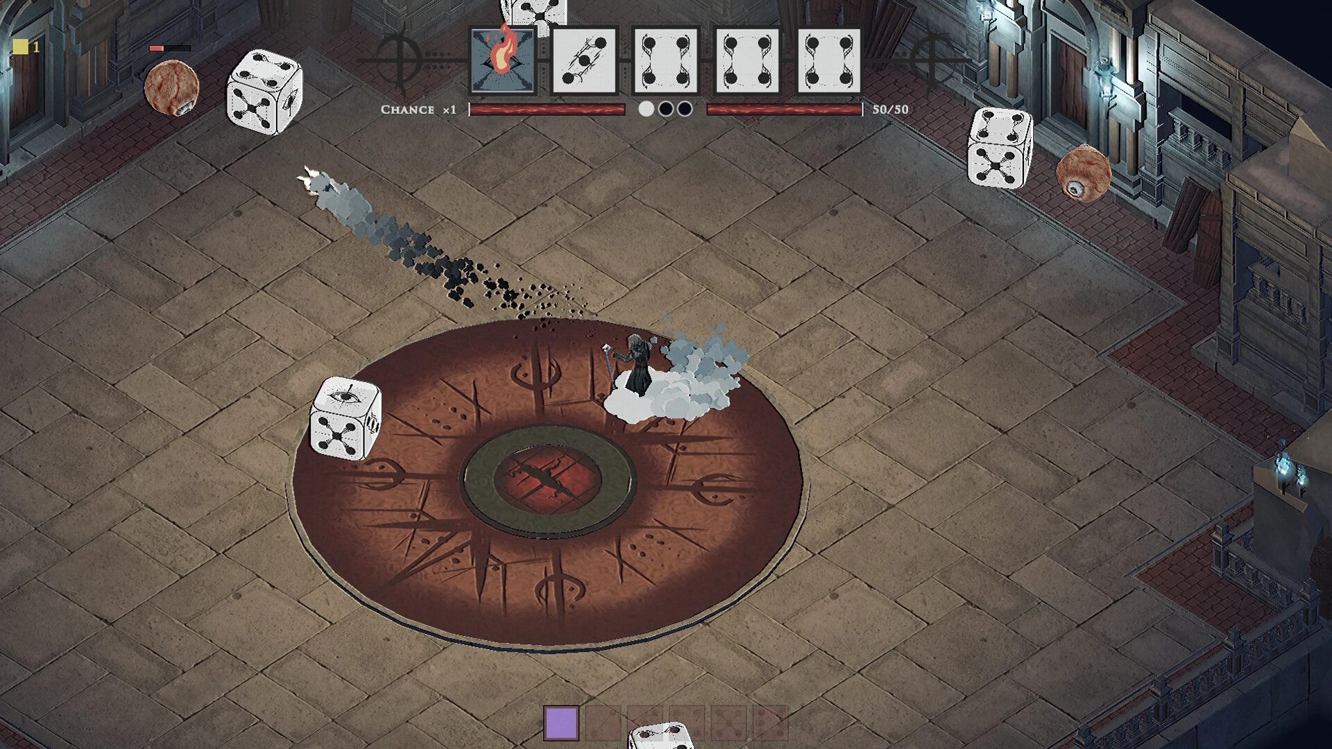 Gods Play Dice: Isometric battle with a cloaked hero and dice UI in a stone arena chamber.
