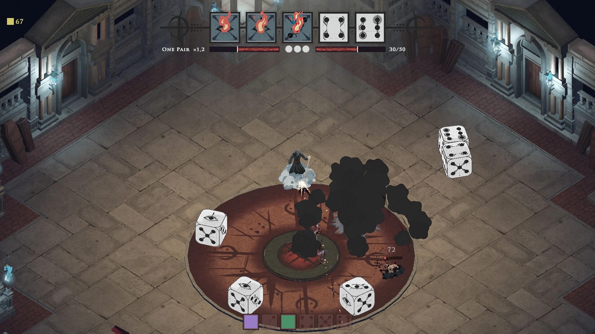 Gods Play Dice: Isometric combat with dice icons and smoke blasts in a stone courtyard arena UI.