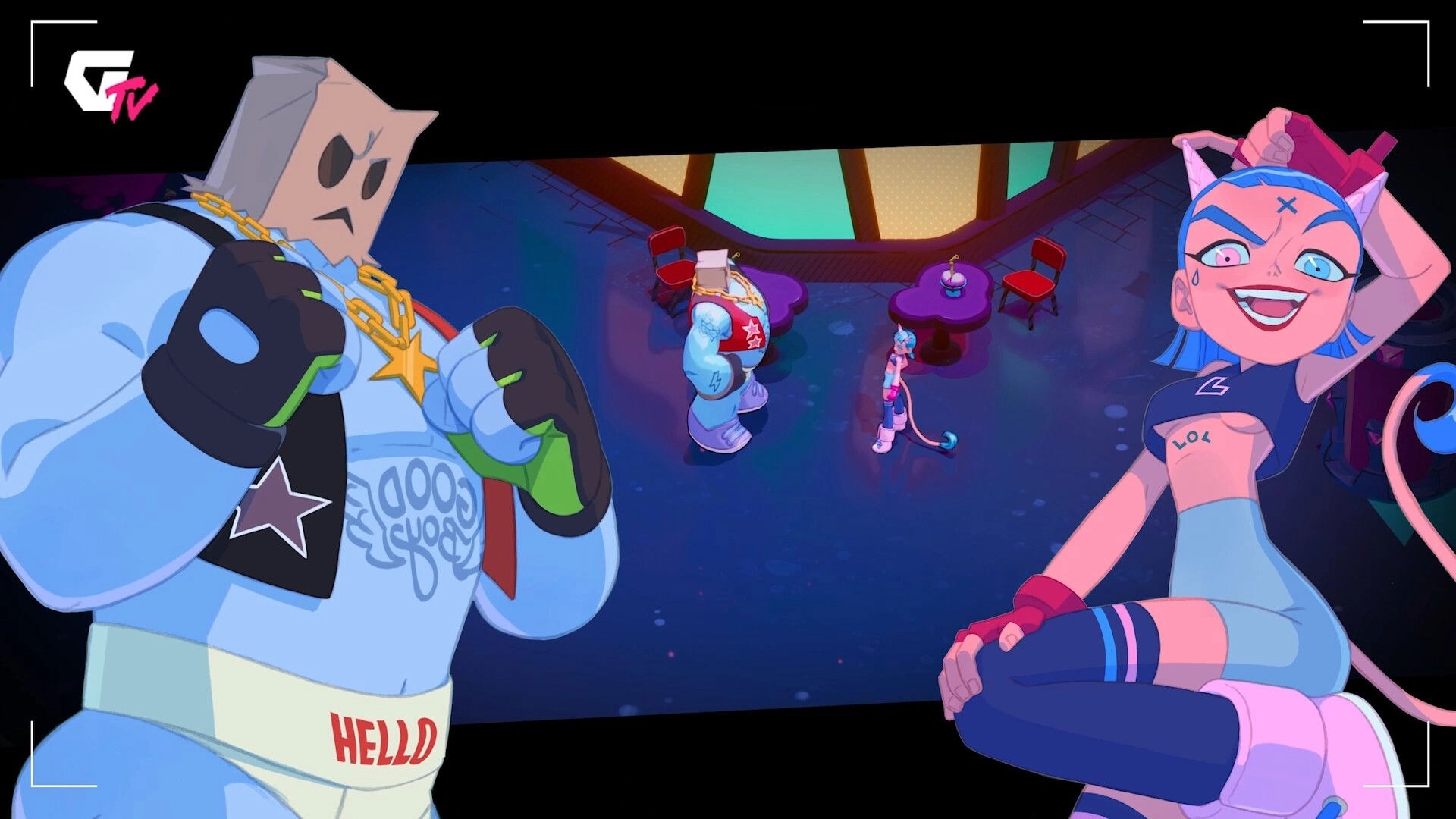 GodsTV: Two characters in a vibrant club setting with neon lights and tables, showcasing quirky outfits.