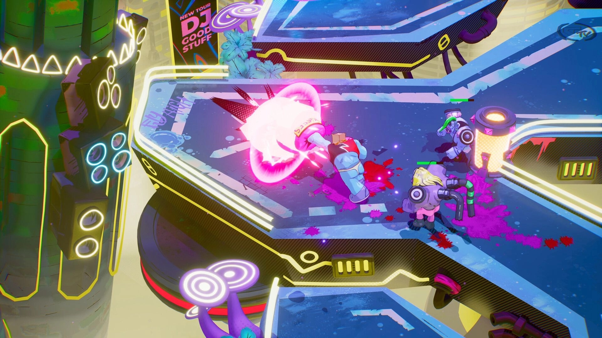 GodsTV: Intense combat on a neon-lit platform with two characters fighting amidst vibrant effects