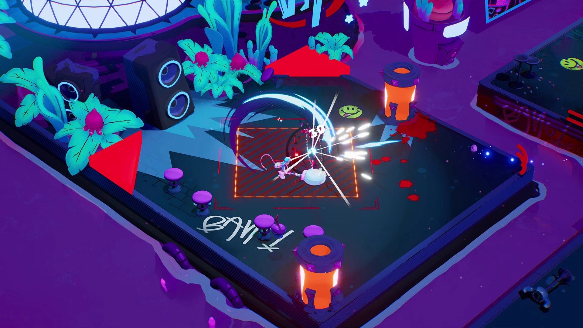 GodsTV: Intense combat on neon arena with character attacking enemy, surrounded by bright plants and lights