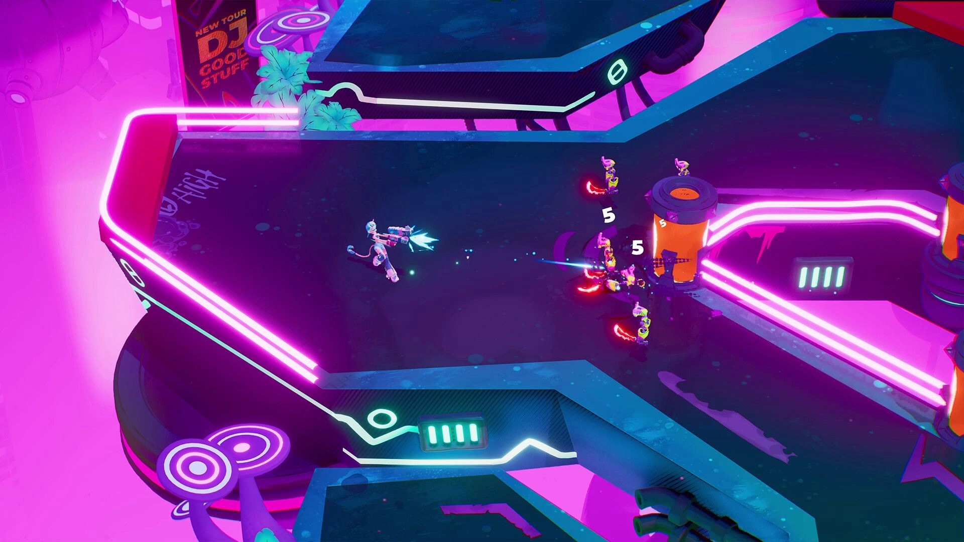 GodsTV: Character fires energy beam at neon-lit enemies in vibrant, futuristic arena setting