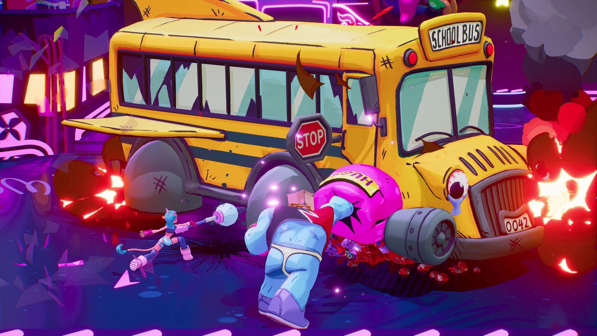 GodsTV: Characters attack a large school bus with neon lights in a chaotic urban environment